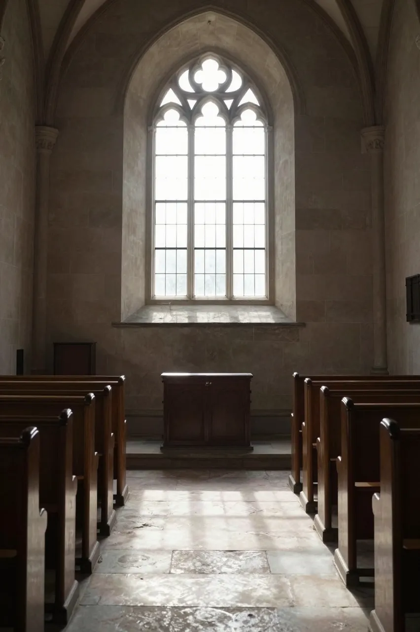 Sunlight streams through a tall gothic arched window onto the stone floor of an empty chapel flanked by wooden pews.