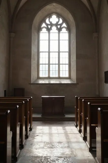 Sunlight streams through a tall gothic arched window onto the stone floor of an empty chapel flanked by wooden pews.