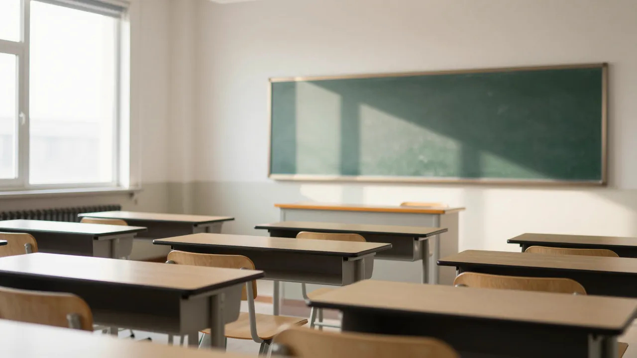An empty classroom with rows of desks, a blank chalkboard and soft afternoon sunlight from tall windows