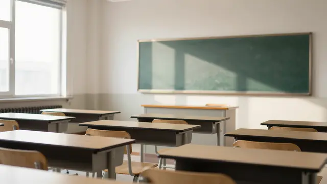 An empty classroom with rows of desks, a blank chalkboard and soft afternoon sunlight from tall windows
