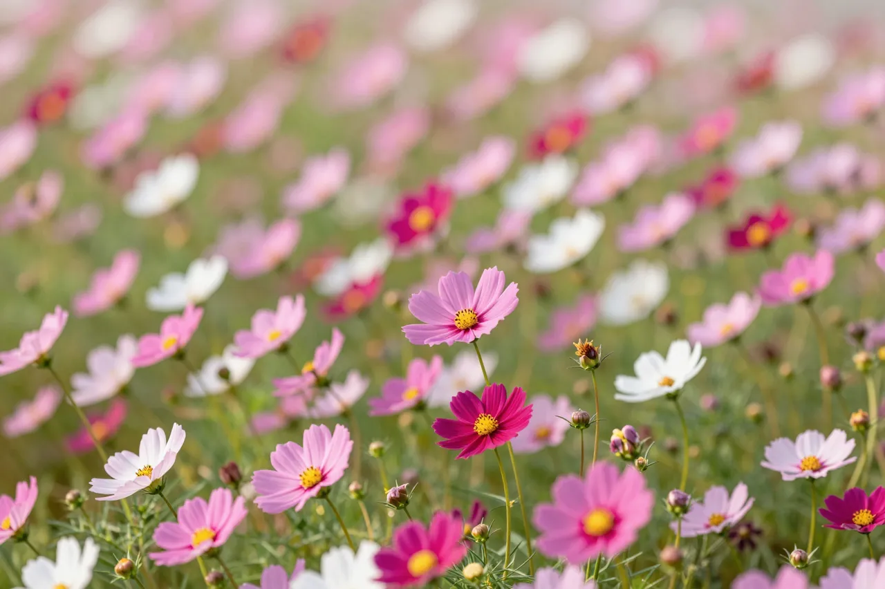 Sharp foreground pink, white and magenta cosmos blooms fill a sunlit field with soft blurred background flowers.