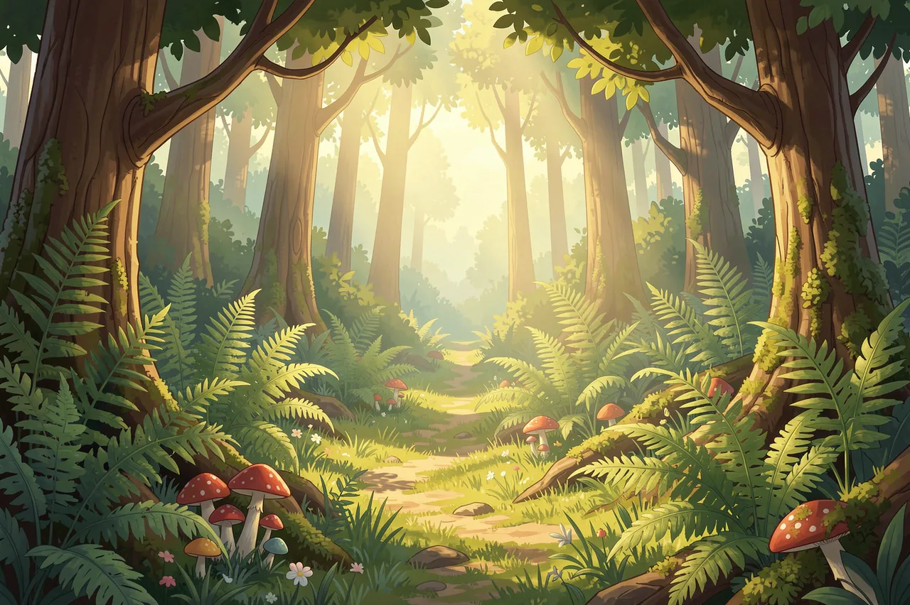 Warm sunbeams filter through tall trees onto a forest glade lined with ferns and spotted mushrooms along a winding dirt path