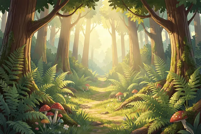 Warm sunbeams filter through tall trees onto a forest glade lined with ferns and spotted mushrooms along a winding dirt path
