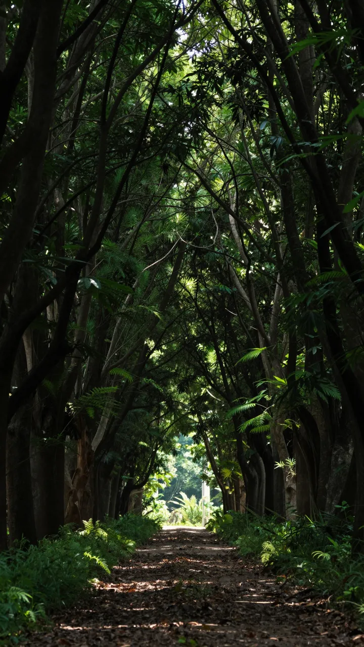 A dirt path leads through a dark arching tree tunnel toward bright sunlight at the far end