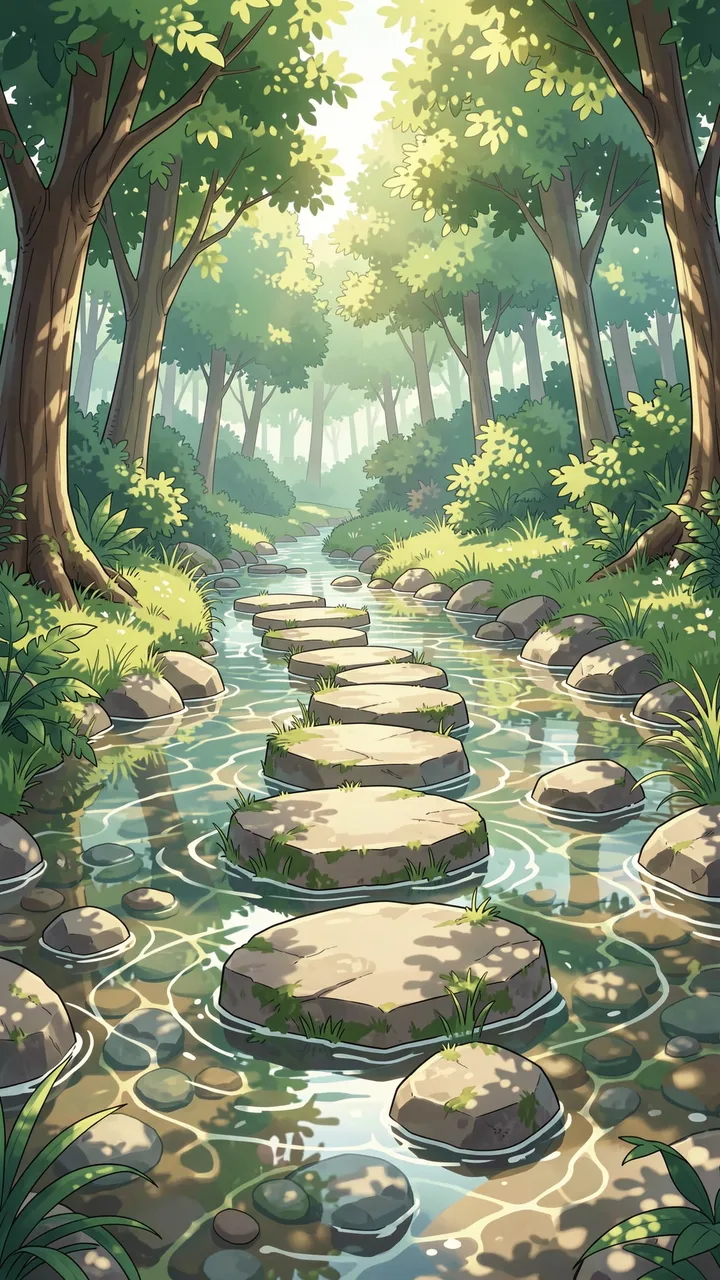 Anime-style vertical illustration of stepping stones crossing a shallow sunlit forest stream
