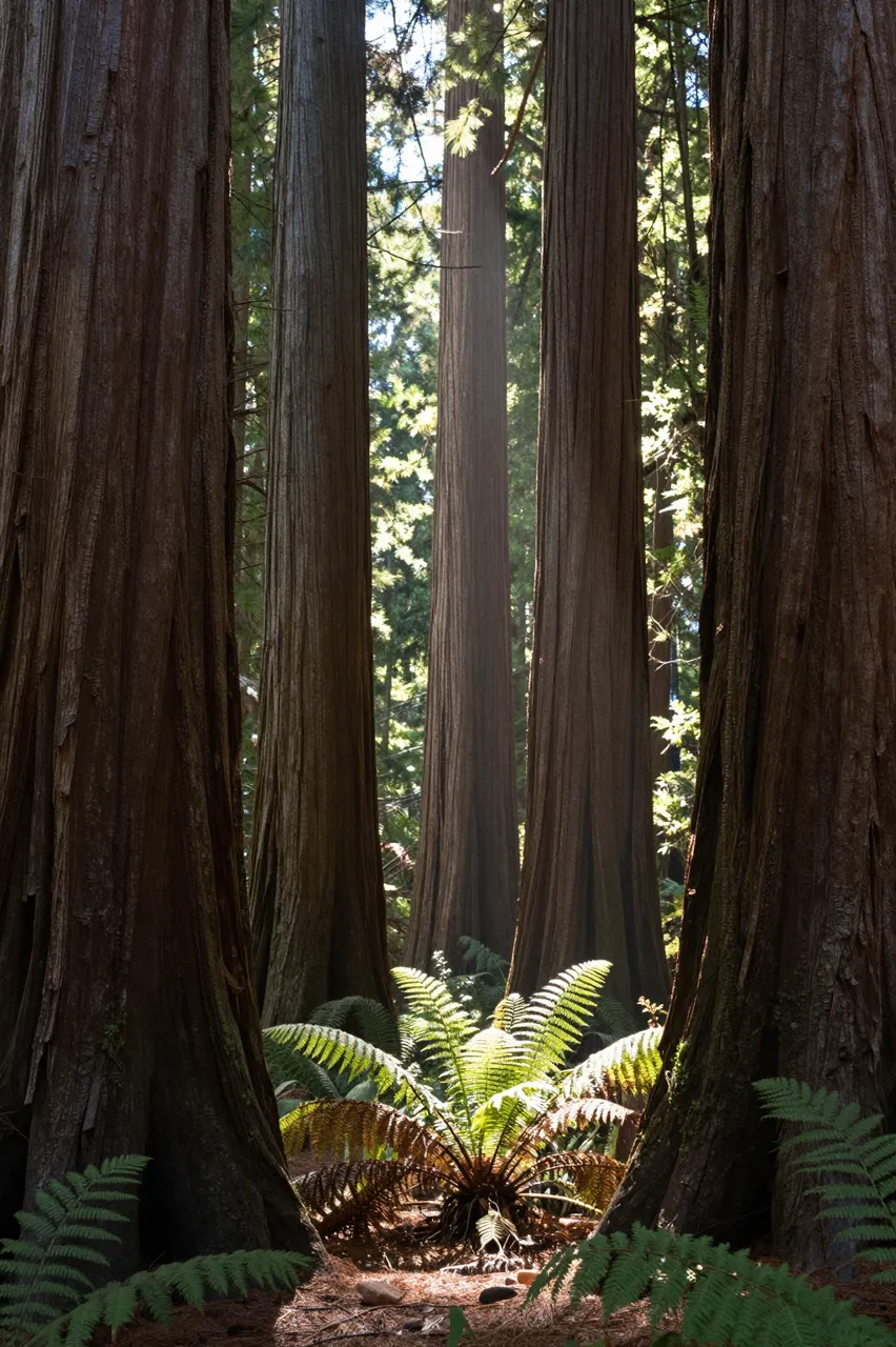 Sunbeams filter between tall giant sequoia trunks onto forest ferns below