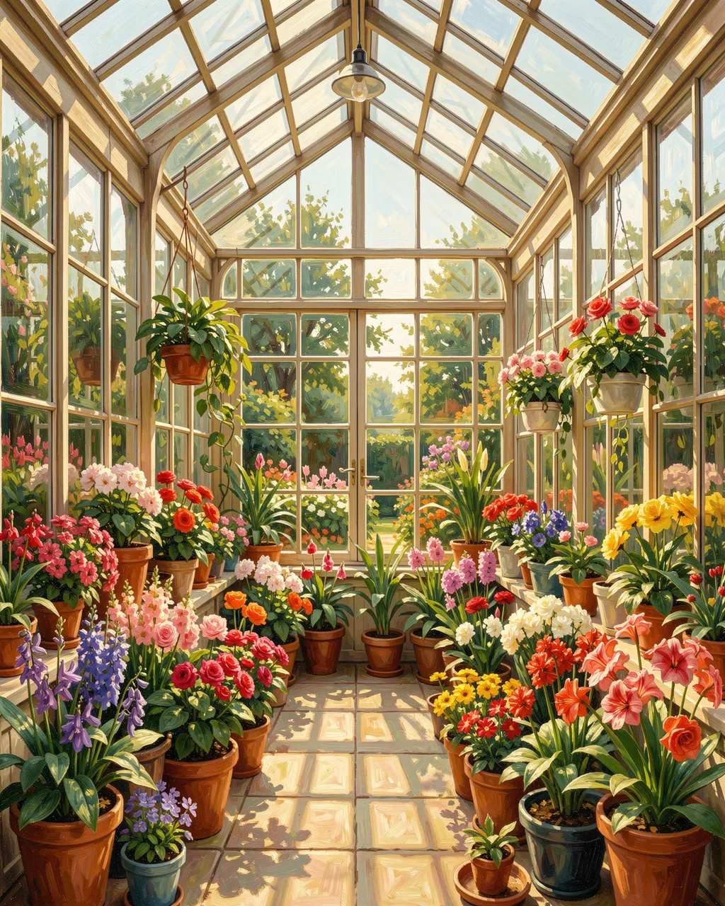 Oil painting of a bright glasshouse filled with potted flowering plants as sunlight streams through the window panes