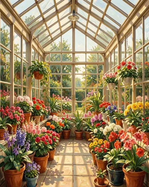 Oil painting of a bright glasshouse filled with potted flowering plants as sunlight streams through the window panes