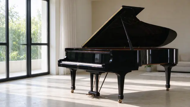 Black grand piano with raised lid sits in a bright sunlit modern room next to tall windows