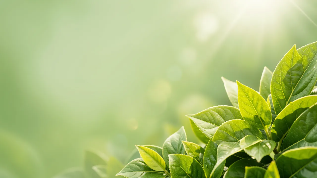 Fresh green leaves with sun flare sit in the lower right against a soft blurred green backdrop with empty left copy space