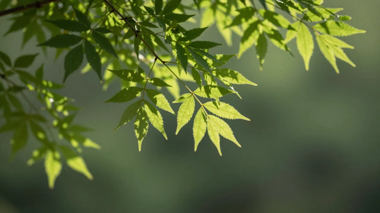 Sharp serrated tree leaves are backlit by sunlight, with soft green bokeh filling the blurred background.