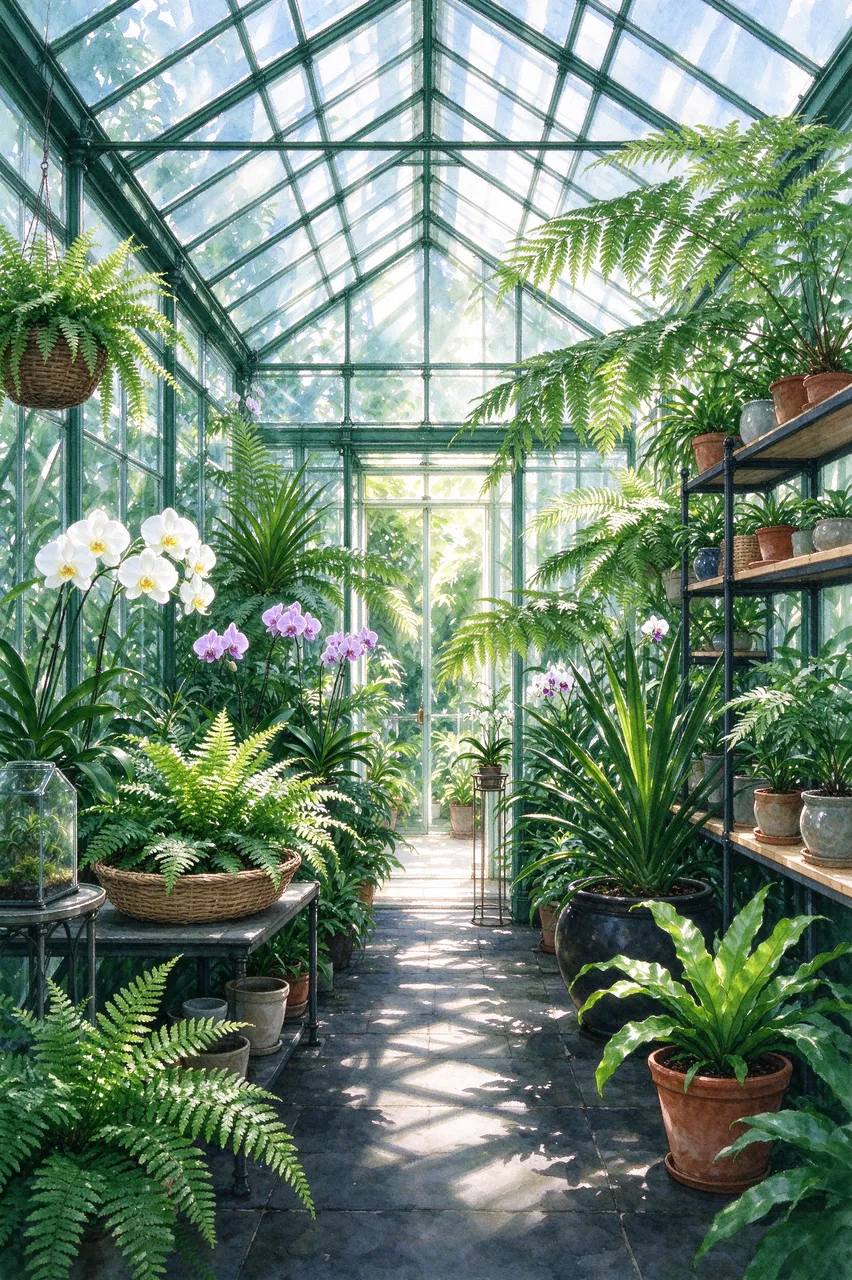 Sunlight streams through glass greenhouse walls illuminating rows of potted ferns and flowering orchids along a stone