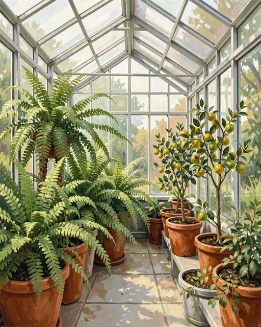 Gouache painting of a glass greenhouse filled with potted ferns and citrus trees in soft daylight.