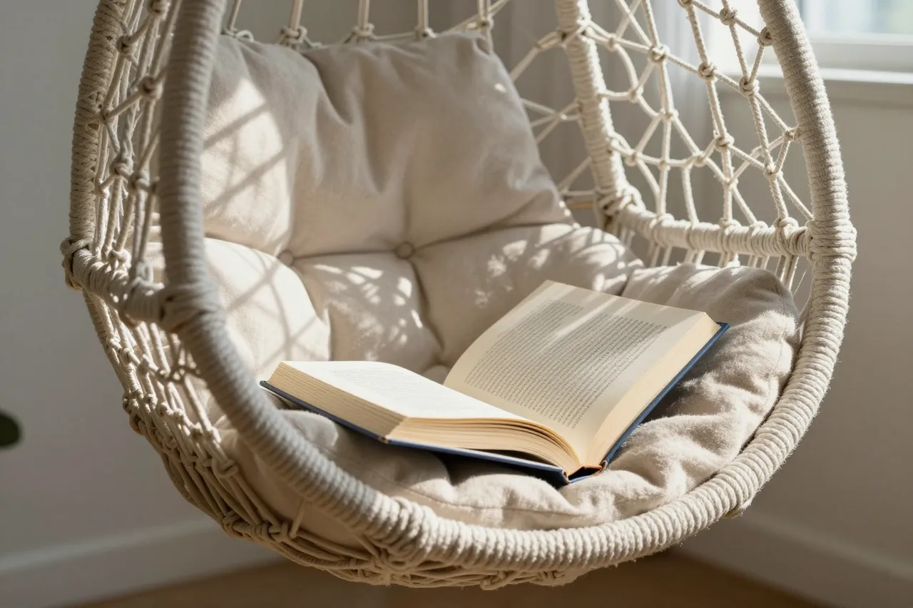 An open book rests on a cushioned woven hanging chair in a sunlit interior reading corner.