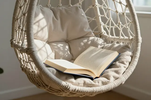 An open book rests on a cushioned woven hanging chair in a sunlit interior reading corner.