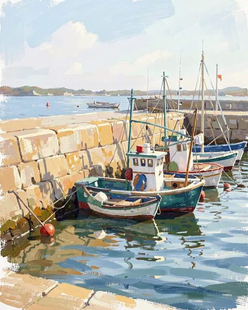 Plein air oil sketch of moored fishing boats along a stone harbor wall under bright midday sun