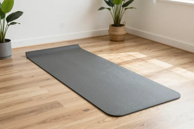 A gray exercise mat rests on a sunlit wooden floor between two potted houseplants in a bright room