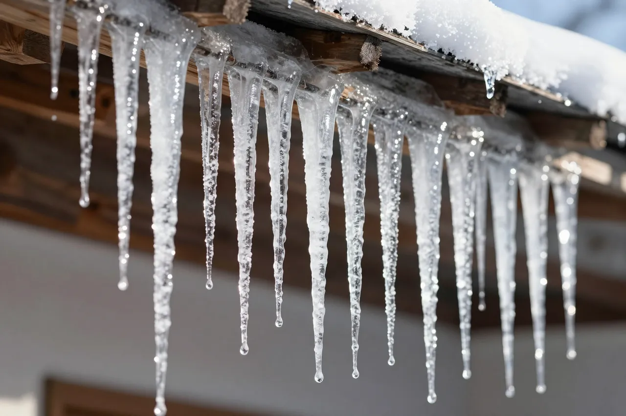 Glossy sunlit icicles hang from a snow-dusted wooden roof edge on a bright winter day
