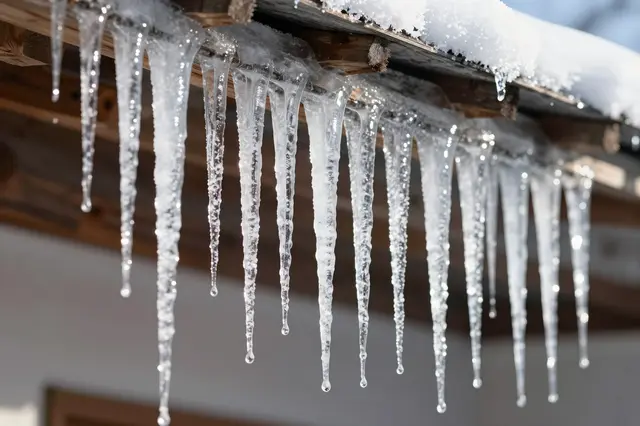 Glossy sunlit icicles hang from a snow-dusted wooden roof edge on a bright winter day