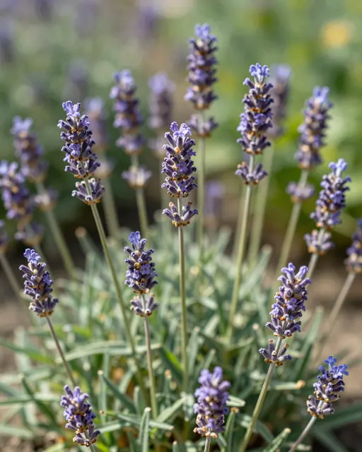 Close-up of purple lavender flower spikes growing in bright summer garden sunlight with soft blurred green background.