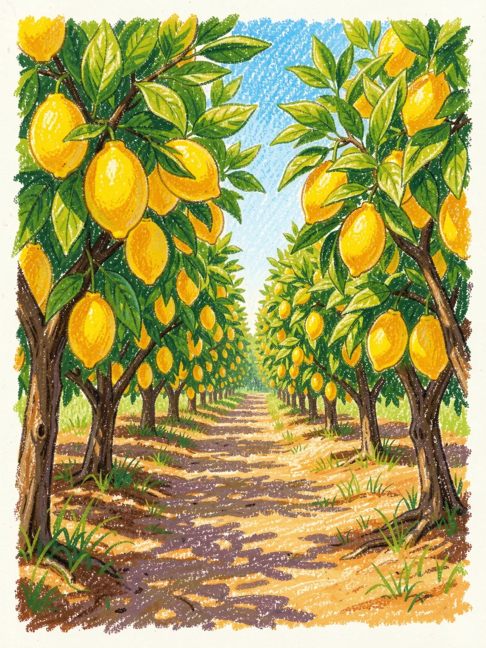 Oil pastel drawing of a dirt path running between rows of lemon trees heavy with ripe yellow fruit under a bright blue sky