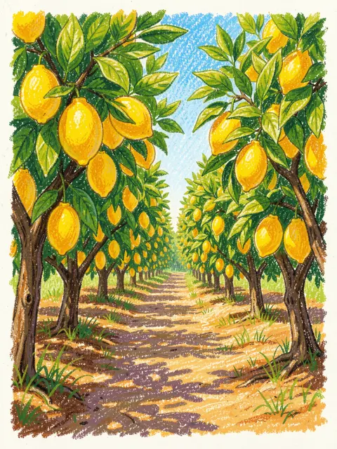 Oil pastel drawing of a dirt path running between rows of lemon trees heavy with ripe yellow fruit under a bright blue sky