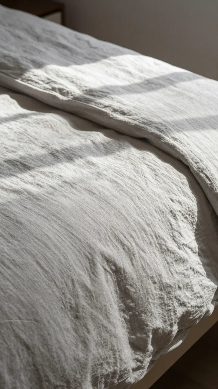Soft sunlight falls across crumpled white linen sheets on a bedroom bed