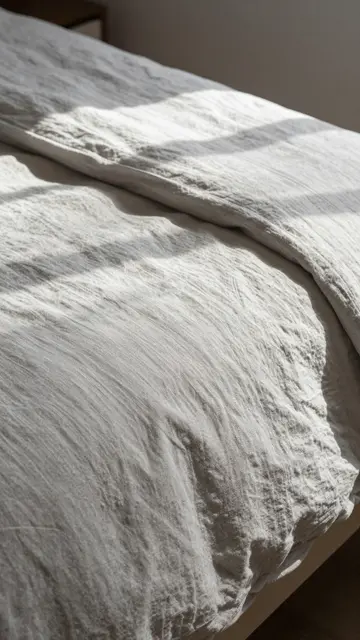 Soft sunlight falls across crumpled white linen sheets on a bedroom bed