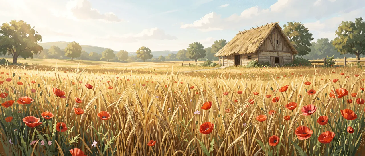A painterly sunlit field of golden hay and red poppies stretches toward a distant rustic thatched barn under a soft cloudy