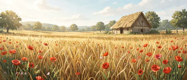 A painterly sunlit field of golden hay and red poppies stretches toward a distant rustic thatched barn under a soft cloudy