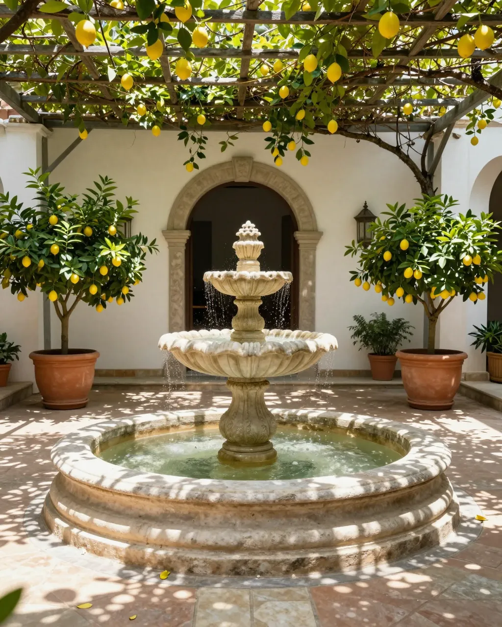 Stone fountain sits at the center of a dappled shaded courtyard lined with potted lemon trees under a vine canopy