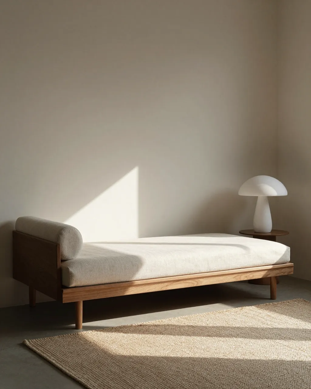 A wooden daybed sits against a pale wall beside a mushroom lamp and jute rug in soft afternoon sun