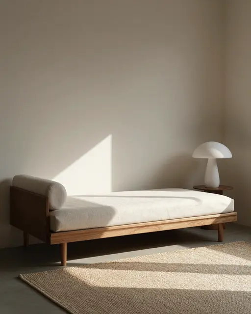 A wooden daybed sits against a pale wall beside a mushroom lamp and jute rug in soft afternoon sun