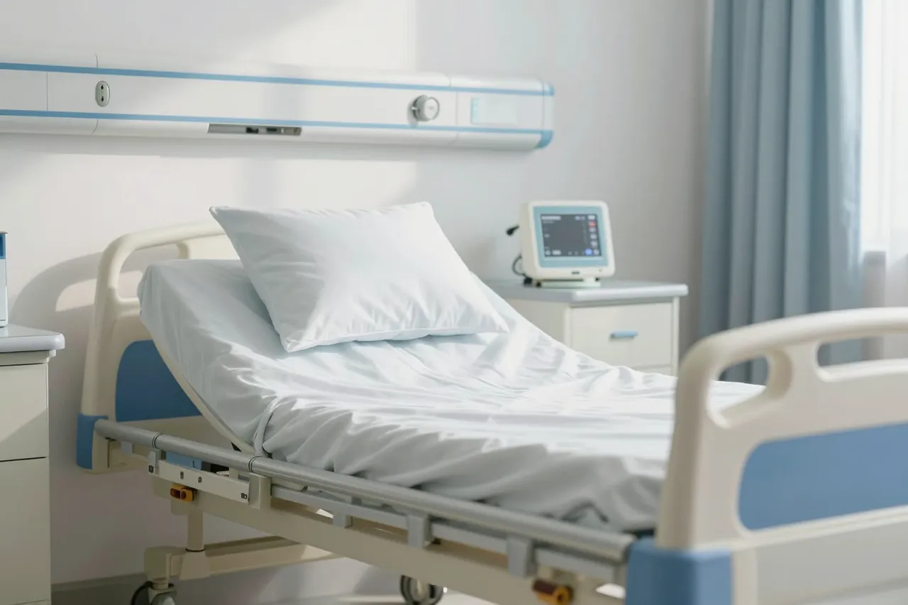 Empty adjustable hospital bed sits in a bright daylight hospital room with medical monitors and cabinetry
