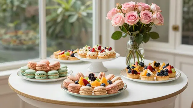 A round table in a sunlit conservatory holds assorted pastries, macarons, fruit tarts and a vase of pink roses.