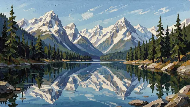 Bold impasto oil painting of a calm mountain lake reflecting snow-capped peaks and evergreen pines under a bright blue sky