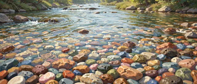 Clear shallow river flows over colorful smooth pebbles under soft warm sunlight