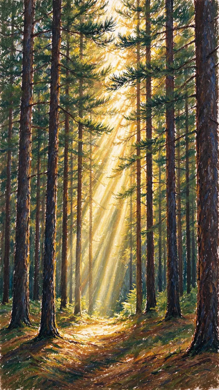Oil pastel drawing of tall pine trunks with golden sunbeams streaming through the forest canopy