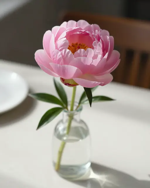 A partially open pink peony sits in a small glass bud vase on a sunlit breakfast table.