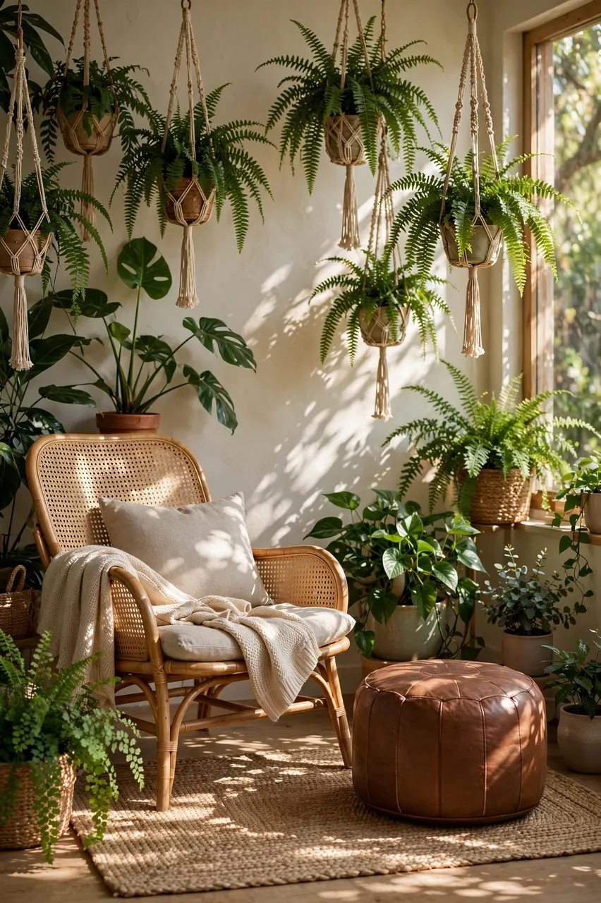 A cozy indoor reading corner with a cane chair, leather pouf and hanging ferns lit by dappled window light