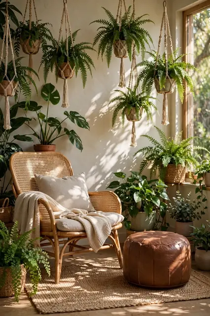 A cozy indoor reading corner with a cane chair, leather pouf and hanging ferns lit by dappled window light