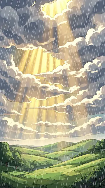 Anime style illustration of golden sunbeams breaking through rain clouds over rolling green hills