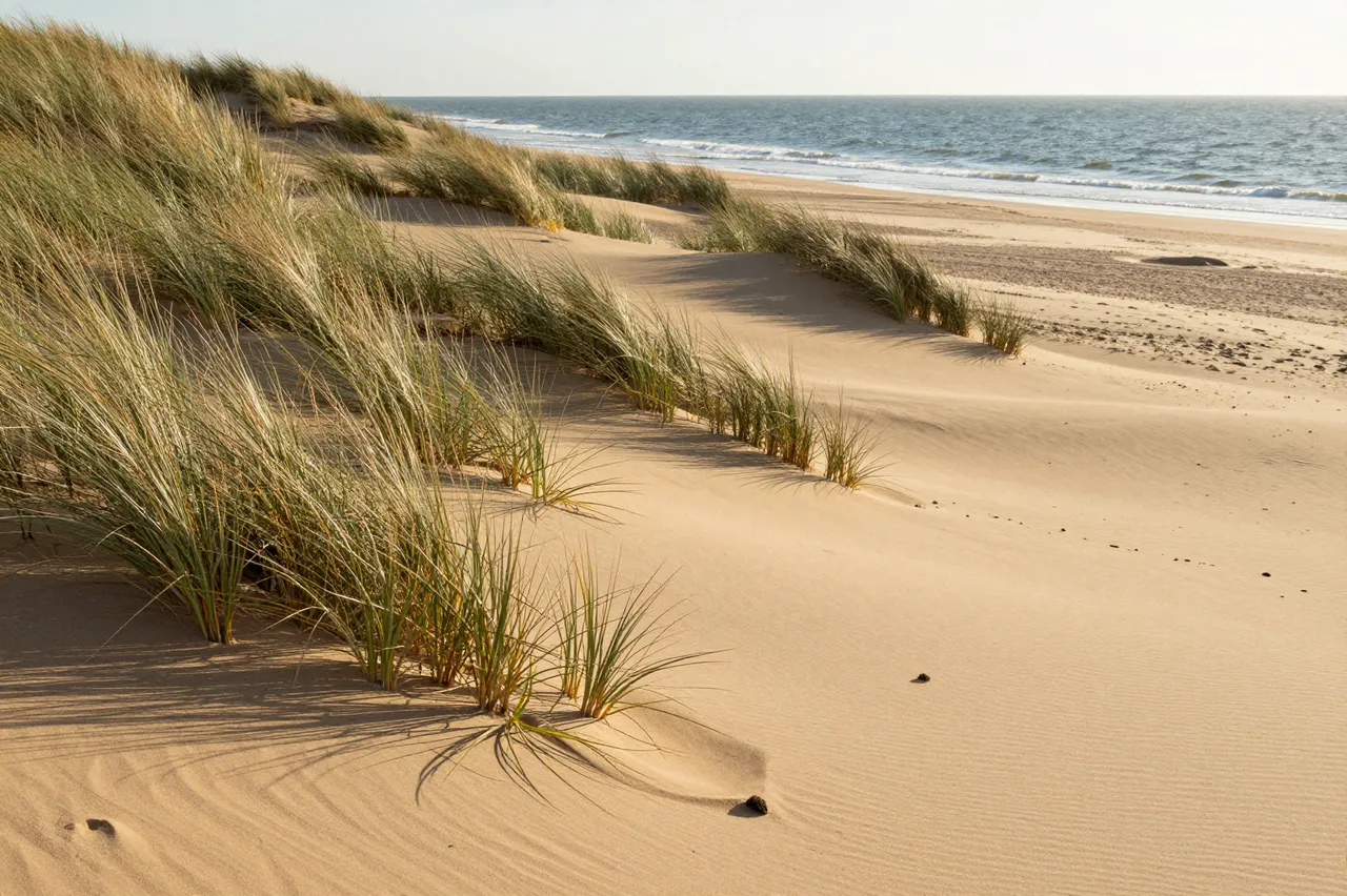 Sand dunes dotted with beach grass slope gently toward the calm ocean under soft sunrise light