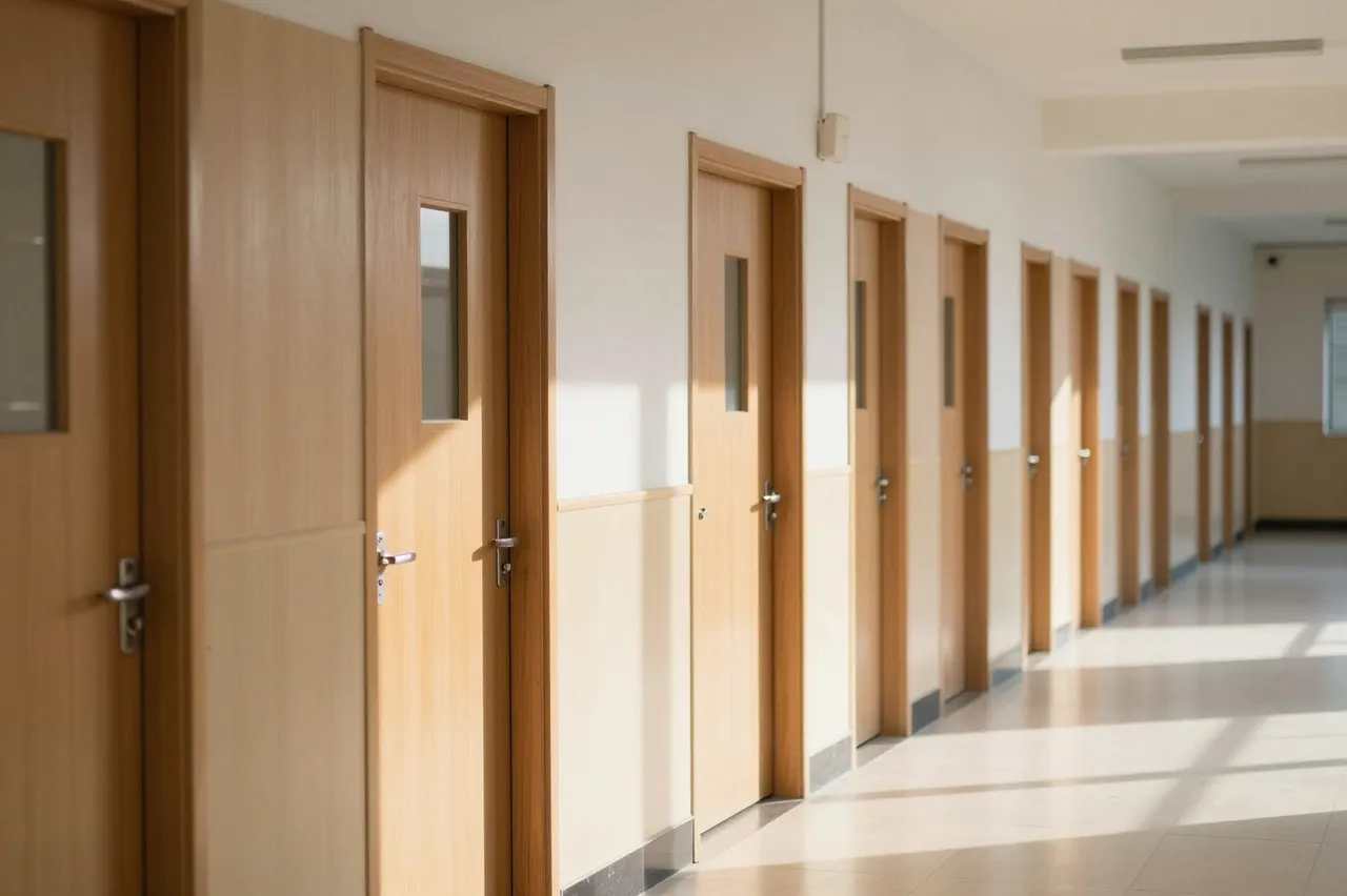 Empty school hallway lined with wooden doors lit by soft afternoon sunlight