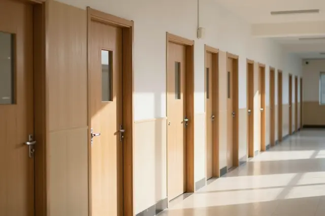 Empty school hallway lined with wooden doors lit by soft afternoon sunlight