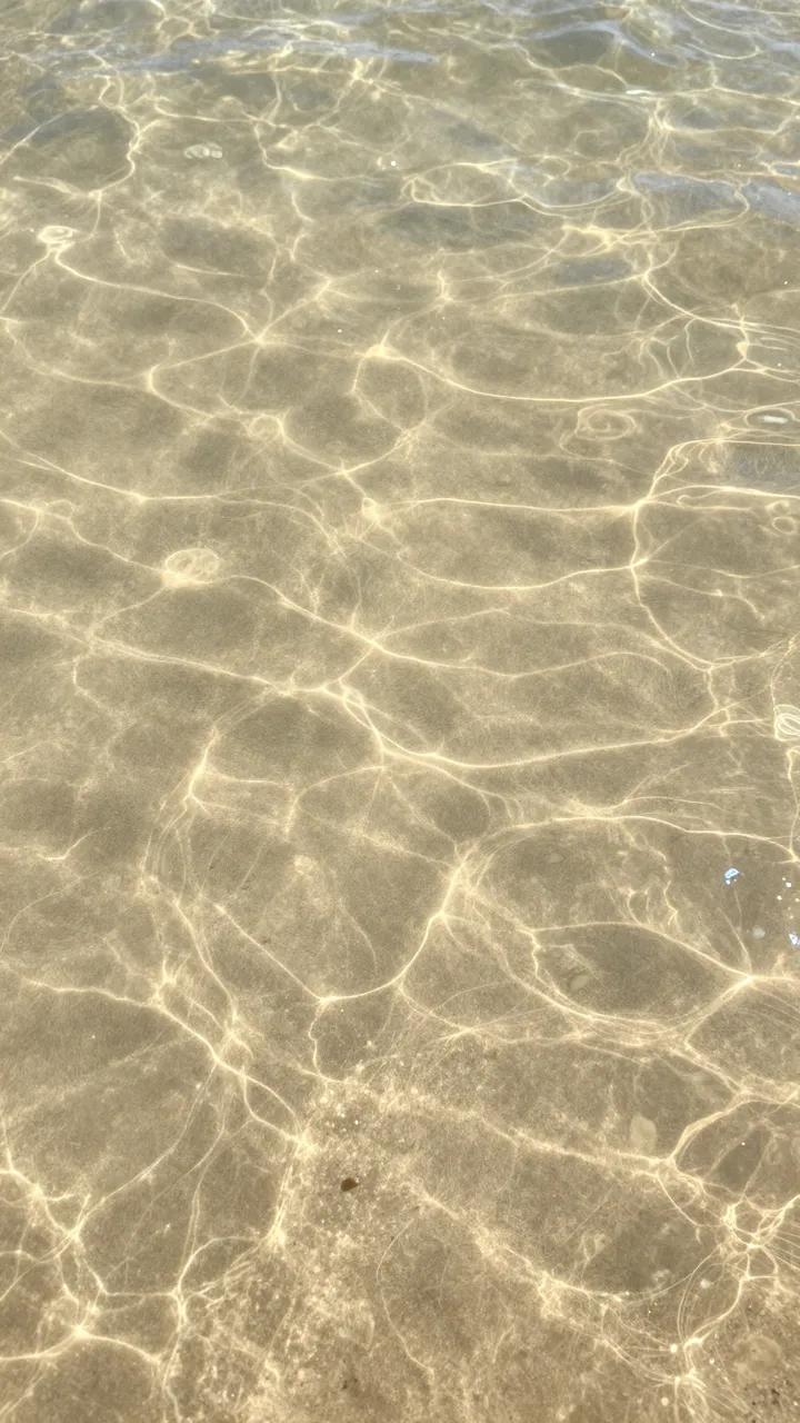 Top-down view of clear shallow water over rippled sand with glowing sun refraction patterns.
