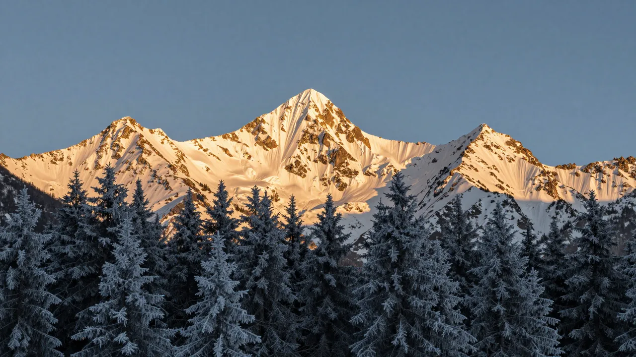 Golden sunrise light hits jagged snowy mountain peaks above a dark frosted fir forest ridge