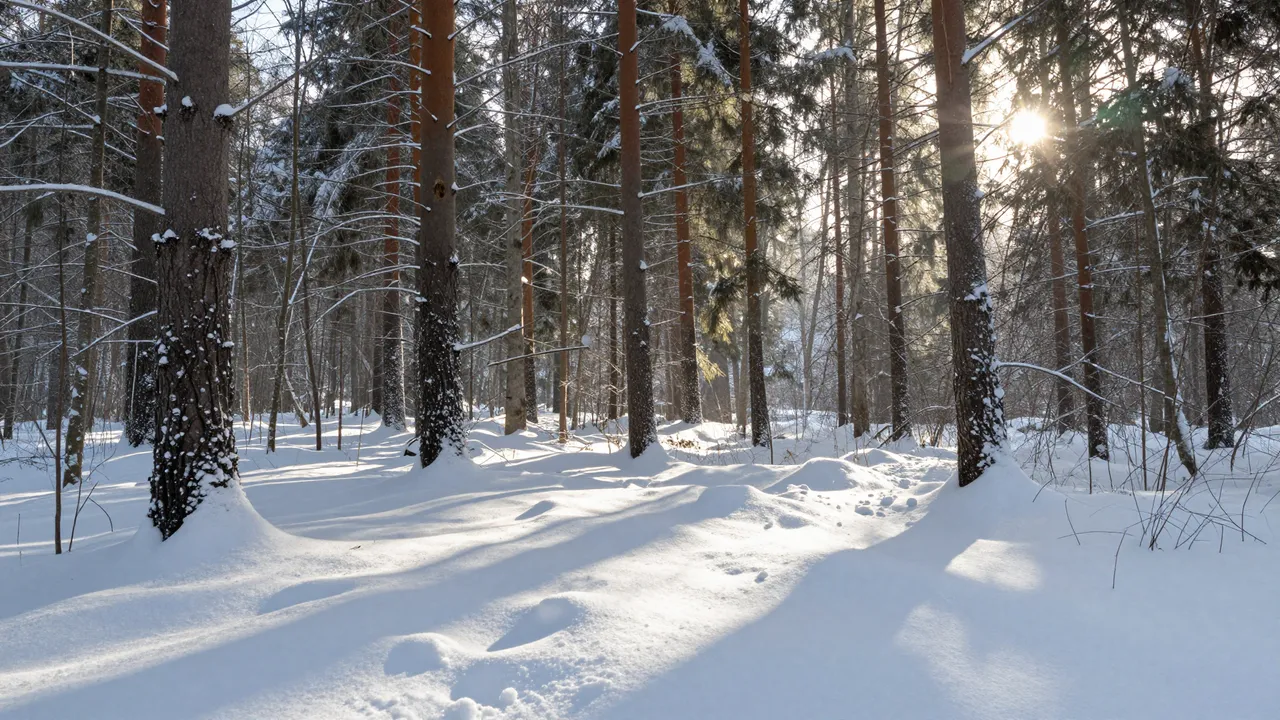 Bright sunbeams stream through snow-covered pine trees across deep snowdrifts in a winter forest