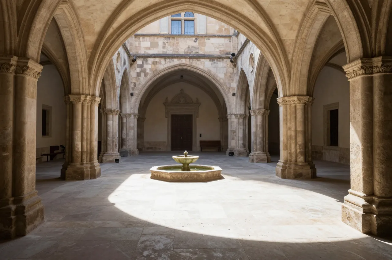 Sunlit gothic stone arcade frames an empty courtyard with a central small fountain and long cast shadows