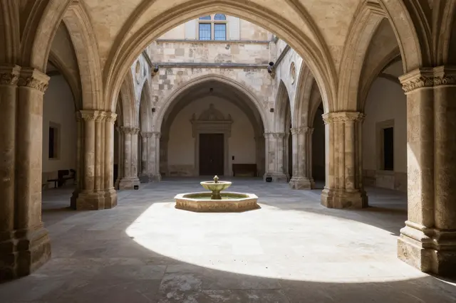 Sunlit gothic stone arcade frames an empty courtyard with a central small fountain and long cast shadows